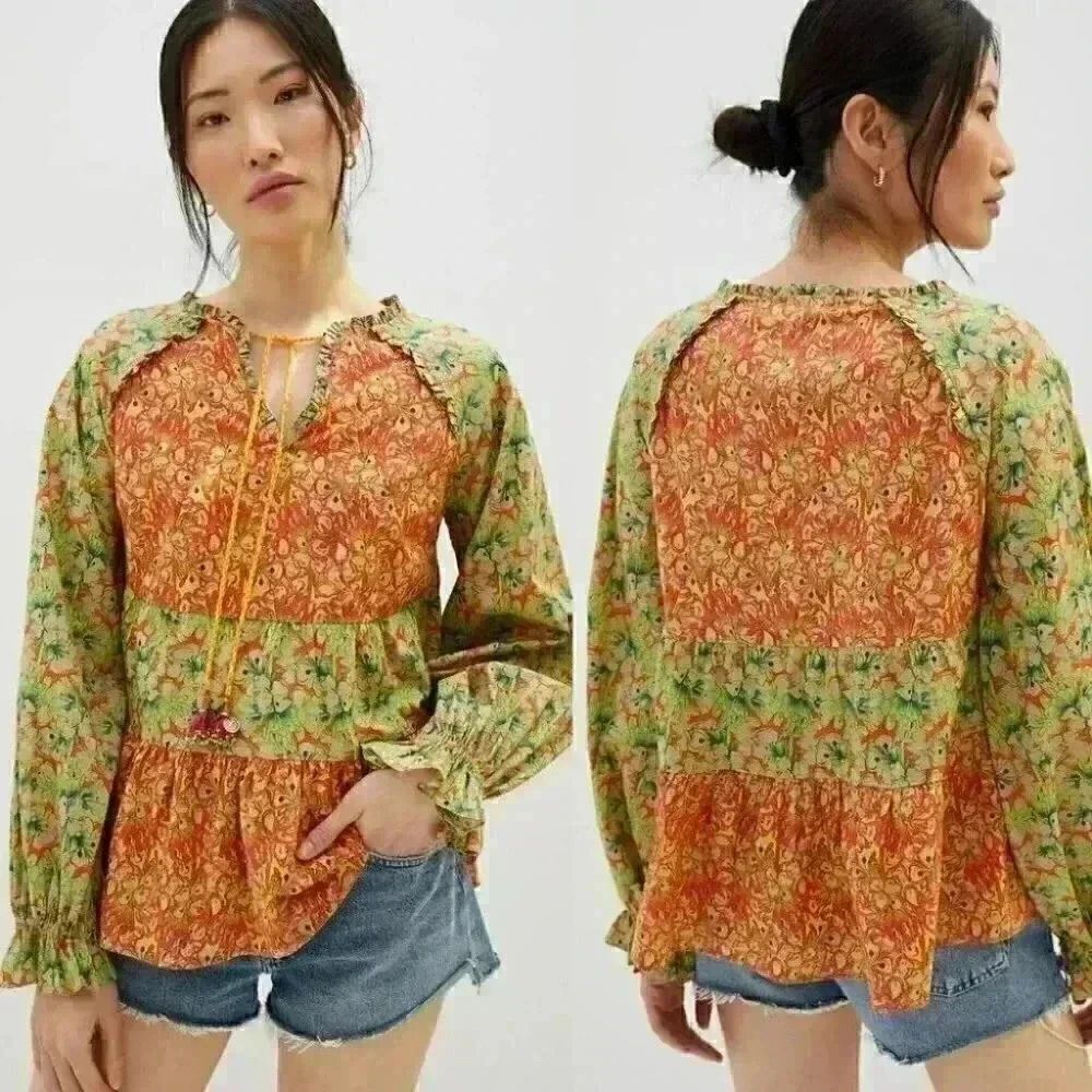 Anthropologie Roopa Pemmaraju Vivi Peasant Blouse Floral Puffed Sleeves